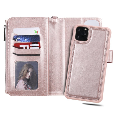For iPhone 11 Pro Max 2 in 1 Solid Color Zipper Shockproof Protective Case with Card Slots & Bracket & Photo Holder & Wallet Function(Rose Gold) - iPhone 11 Pro Max Cases by buy2fix | Online Shopping UK | buy2fix