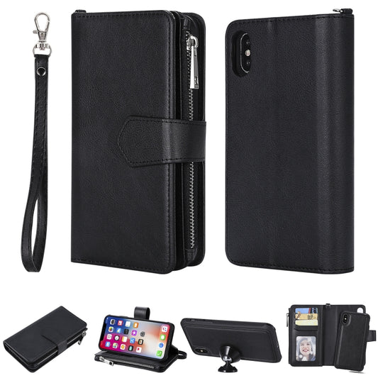 For iPhone X / XS 2 in 1 Solid Color Zipper Shockproof Protective Case with Card Slots & Bracket & Photo Holder & Wallet Function(Black) - More iPhone Cases by buy2fix | Online Shopping UK | buy2fix