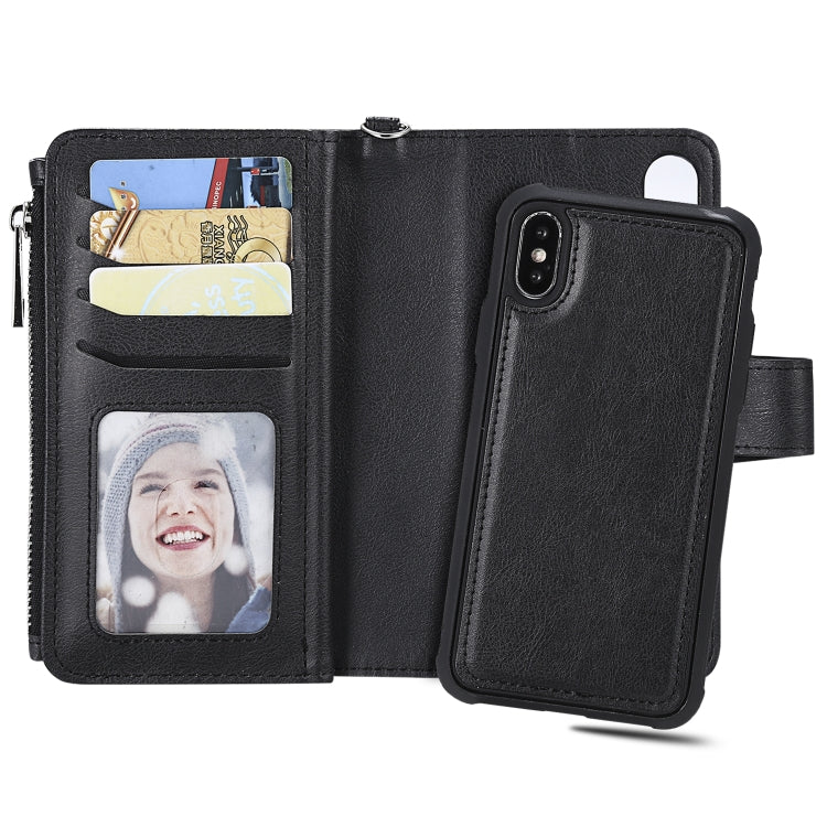 For iPhone X / XS 2 in 1 Solid Color Zipper Shockproof Protective Case with Card Slots & Bracket & Photo Holder & Wallet Function(Black) - More iPhone Cases by buy2fix | Online Shopping UK | buy2fix