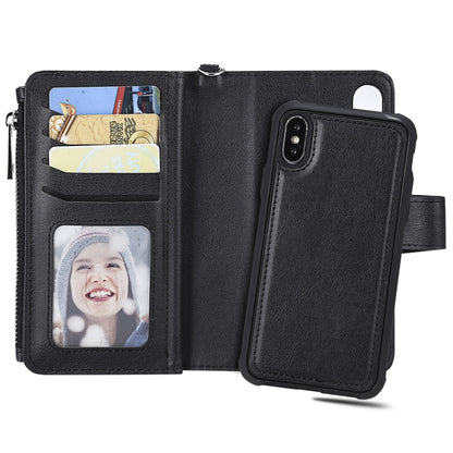 For iPhone X / XS 2 in 1 Solid Color Zipper Shockproof Protective Case with Card Slots & Bracket & Photo Holder & Wallet Function(Black) - More iPhone Cases by buy2fix | Online Shopping UK | buy2fix