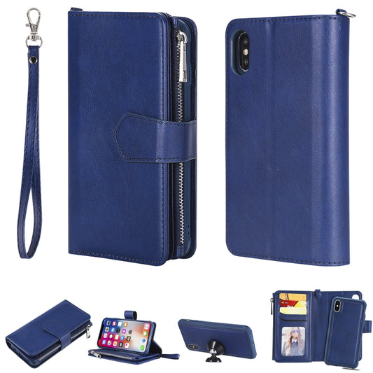 For iPhone X / XS 2 in 1 Solid Color Zipper Shockproof Protective Case with Card Slots & Bracket & Photo Holder & Wallet Function(Blue) - More iPhone Cases by buy2fix | Online Shopping UK | buy2fix