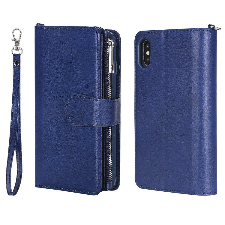 For iPhone X / XS 2 in 1 Solid Color Zipper Shockproof Protective Case with Card Slots & Bracket & Photo Holder & Wallet Function(Blue) - More iPhone Cases by buy2fix | Online Shopping UK | buy2fix