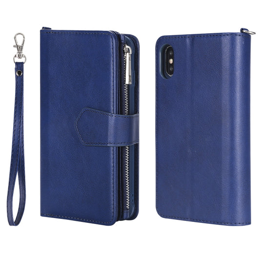 For iPhone X / XS 2 in 1 Solid Color Zipper Shockproof Protective Case with Card Slots & Bracket & Photo Holder & Wallet Function(Blue) - More iPhone Cases by buy2fix | Online Shopping UK | buy2fix