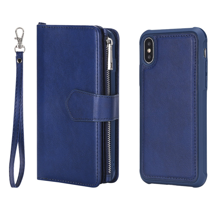 For iPhone X / XS 2 in 1 Solid Color Zipper Shockproof Protective Case with Card Slots & Bracket & Photo Holder & Wallet Function(Blue) - More iPhone Cases by buy2fix | Online Shopping UK | buy2fix