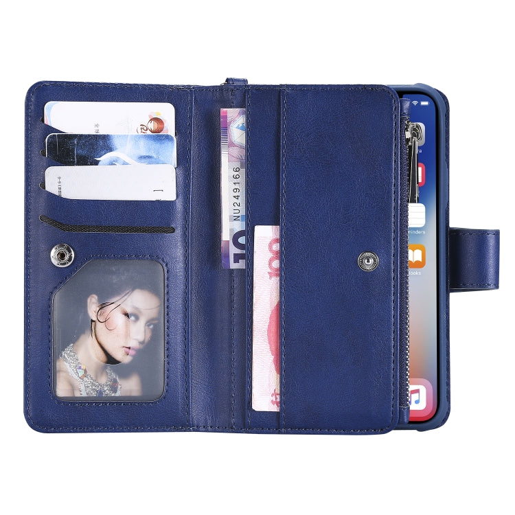 For iPhone X / XS 2 in 1 Solid Color Zipper Shockproof Protective Case with Card Slots & Bracket & Photo Holder & Wallet Function(Blue) - More iPhone Cases by buy2fix | Online Shopping UK | buy2fix
