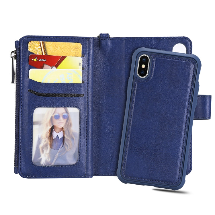 For iPhone X / XS 2 in 1 Solid Color Zipper Shockproof Protective Case with Card Slots & Bracket & Photo Holder & Wallet Function(Blue) - More iPhone Cases by buy2fix | Online Shopping UK | buy2fix