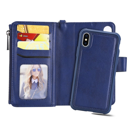 For iPhone X / XS 2 in 1 Solid Color Zipper Shockproof Protective Case with Card Slots & Bracket & Photo Holder & Wallet Function(Blue) - More iPhone Cases by buy2fix | Online Shopping UK | buy2fix