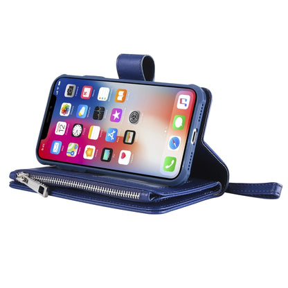 For iPhone X / XS 2 in 1 Solid Color Zipper Shockproof Protective Case with Card Slots & Bracket & Photo Holder & Wallet Function(Blue) - More iPhone Cases by buy2fix | Online Shopping UK | buy2fix