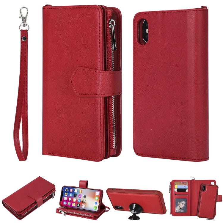 For iPhone X / XS 2 in 1 Solid Color Zipper Shockproof Protective Case with Card Slots & Bracket & Photo Holder & Wallet Function(Red) - More iPhone Cases by buy2fix | Online Shopping UK | buy2fix