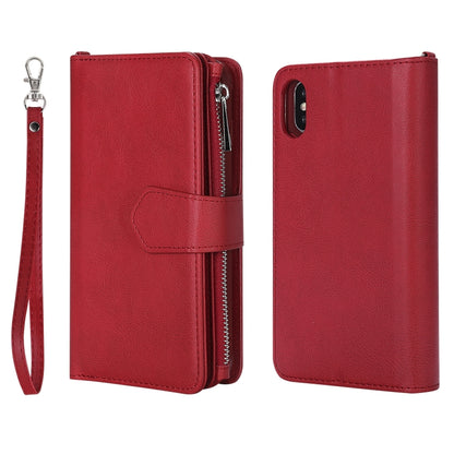For iPhone X / XS 2 in 1 Solid Color Zipper Shockproof Protective Case with Card Slots & Bracket & Photo Holder & Wallet Function(Red) - More iPhone Cases by buy2fix | Online Shopping UK | buy2fix
