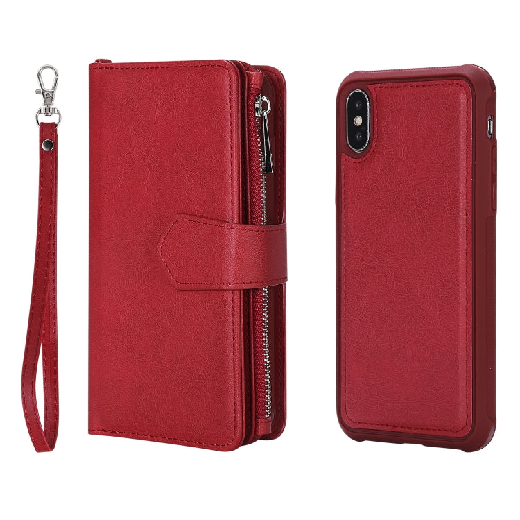 For iPhone X / XS 2 in 1 Solid Color Zipper Shockproof Protective Case with Card Slots & Bracket & Photo Holder & Wallet Function(Red) - More iPhone Cases by buy2fix | Online Shopping UK | buy2fix