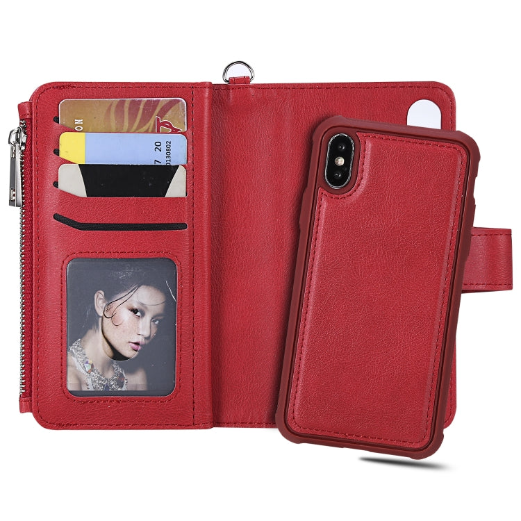 For iPhone X / XS 2 in 1 Solid Color Zipper Shockproof Protective Case with Card Slots & Bracket & Photo Holder & Wallet Function(Red) - More iPhone Cases by buy2fix | Online Shopping UK | buy2fix