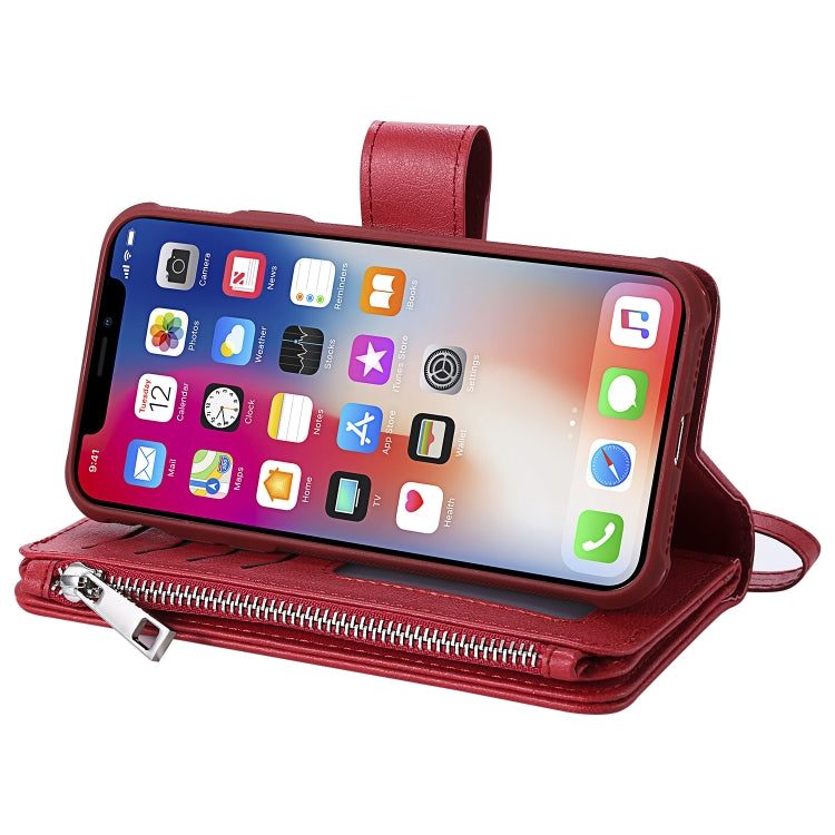 For iPhone X / XS 2 in 1 Solid Color Zipper Shockproof Protective Case with Card Slots & Bracket & Photo Holder & Wallet Function(Red) - More iPhone Cases by buy2fix | Online Shopping UK | buy2fix
