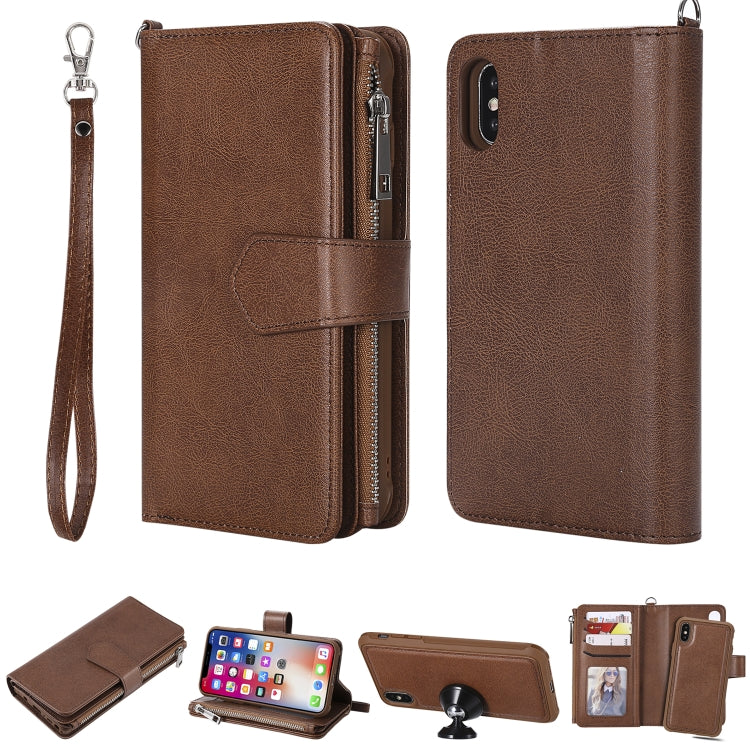 For iPhone X / XS 2 in 1 Solid Color Zipper Shockproof Protective Case with Card Slots & Bracket & Photo Holder & Wallet Function(Brown) - More iPhone Cases by buy2fix | Online Shopping UK | buy2fix