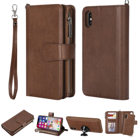 For iPhone X / XS 2 in 1 Solid Color Zipper Shockproof Protective Case with Card Slots & Bracket & Photo Holder & Wallet Function(Brown) - More iPhone Cases by buy2fix | Online Shopping UK | buy2fix
