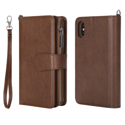 For iPhone X / XS 2 in 1 Solid Color Zipper Shockproof Protective Case with Card Slots & Bracket & Photo Holder & Wallet Function(Brown) - More iPhone Cases by buy2fix | Online Shopping UK | buy2fix