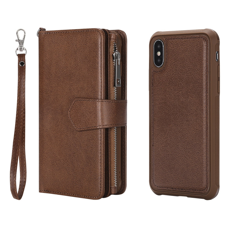 For iPhone X / XS 2 in 1 Solid Color Zipper Shockproof Protective Case with Card Slots & Bracket & Photo Holder & Wallet Function(Brown) - More iPhone Cases by buy2fix | Online Shopping UK | buy2fix