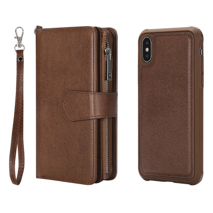 For iPhone X / XS 2 in 1 Solid Color Zipper Shockproof Protective Case with Card Slots & Bracket & Photo Holder & Wallet Function(Brown) - More iPhone Cases by buy2fix | Online Shopping UK | buy2fix