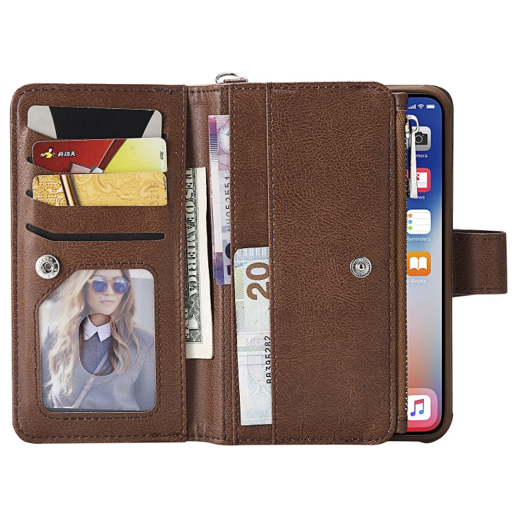For iPhone X / XS 2 in 1 Solid Color Zipper Shockproof Protective Case with Card Slots & Bracket & Photo Holder & Wallet Function(Brown) - More iPhone Cases by buy2fix | Online Shopping UK | buy2fix