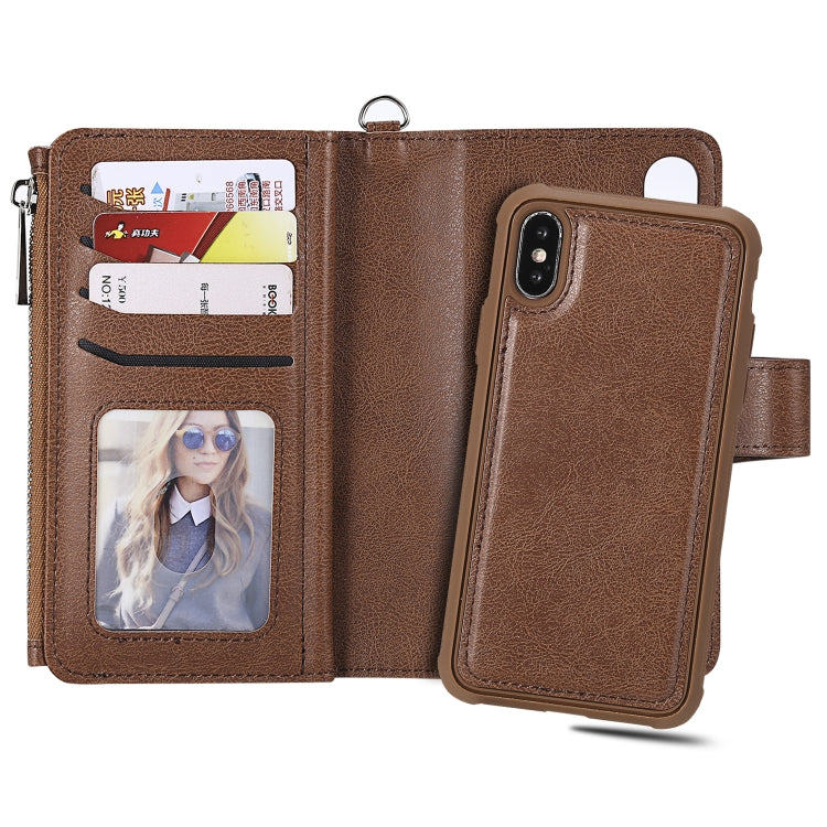 For iPhone X / XS 2 in 1 Solid Color Zipper Shockproof Protective Case with Card Slots & Bracket & Photo Holder & Wallet Function(Brown) - More iPhone Cases by buy2fix | Online Shopping UK | buy2fix
