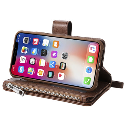 For iPhone X / XS 2 in 1 Solid Color Zipper Shockproof Protective Case with Card Slots & Bracket & Photo Holder & Wallet Function(Brown) - More iPhone Cases by buy2fix | Online Shopping UK | buy2fix