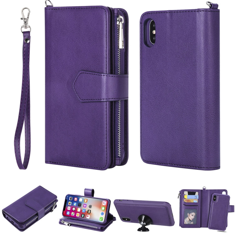 For iPhone X / XS 2 in 1 Solid Color Zipper Shockproof Protective Case with Card Slots & Bracket & Photo Holder & Wallet Function(Purple) - More iPhone Cases by buy2fix | Online Shopping UK | buy2fix