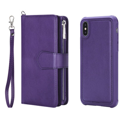 For iPhone X / XS 2 in 1 Solid Color Zipper Shockproof Protective Case with Card Slots & Bracket & Photo Holder & Wallet Function(Purple) - More iPhone Cases by buy2fix | Online Shopping UK | buy2fix