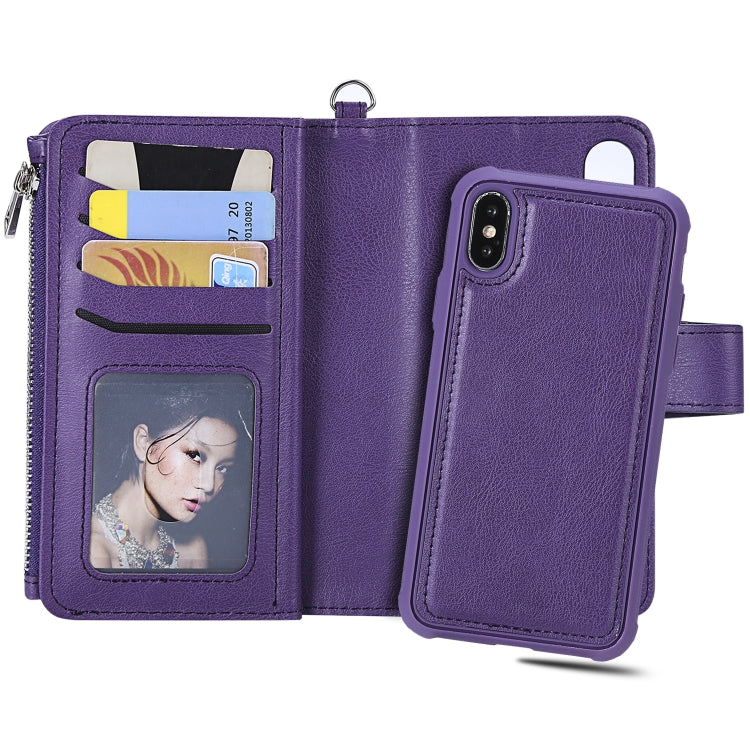 For iPhone X / XS 2 in 1 Solid Color Zipper Shockproof Protective Case with Card Slots & Bracket & Photo Holder & Wallet Function(Purple) - More iPhone Cases by buy2fix | Online Shopping UK | buy2fix