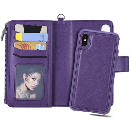 For iPhone X / XS 2 in 1 Solid Color Zipper Shockproof Protective Case with Card Slots & Bracket & Photo Holder & Wallet Function(Purple) - More iPhone Cases by buy2fix | Online Shopping UK | buy2fix