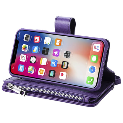 For iPhone X / XS 2 in 1 Solid Color Zipper Shockproof Protective Case with Card Slots & Bracket & Photo Holder & Wallet Function(Purple) - More iPhone Cases by buy2fix | Online Shopping UK | buy2fix