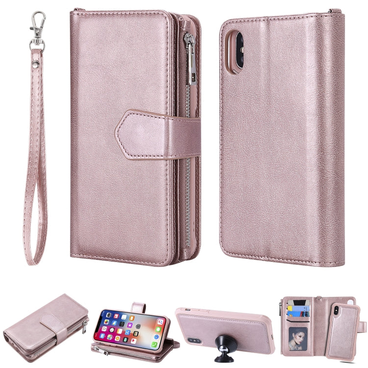 For iPhone X / XS 2 in 1 Solid Color Zipper Shockproof Protective Case with Card Slots & Bracket & Photo Holder & Wallet Function(Rose Gold) - More iPhone Cases by buy2fix | Online Shopping UK | buy2fix
