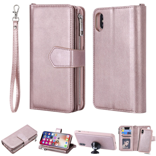 For iPhone X / XS 2 in 1 Solid Color Zipper Shockproof Protective Case with Card Slots & Bracket & Photo Holder & Wallet Function(Rose Gold) - More iPhone Cases by buy2fix | Online Shopping UK | buy2fix