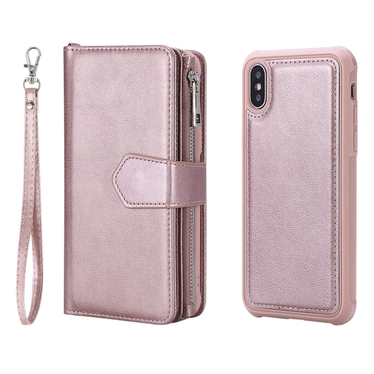 For iPhone X / XS 2 in 1 Solid Color Zipper Shockproof Protective Case with Card Slots & Bracket & Photo Holder & Wallet Function(Rose Gold) - More iPhone Cases by buy2fix | Online Shopping UK | buy2fix