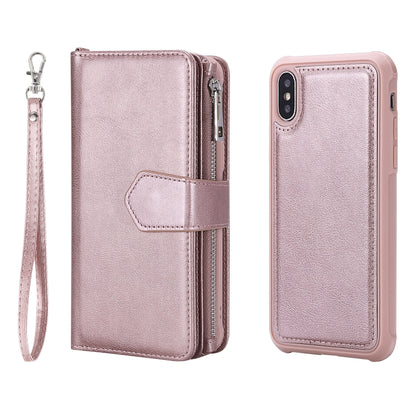 For iPhone X / XS 2 in 1 Solid Color Zipper Shockproof Protective Case with Card Slots & Bracket & Photo Holder & Wallet Function(Rose Gold) - More iPhone Cases by buy2fix | Online Shopping UK | buy2fix