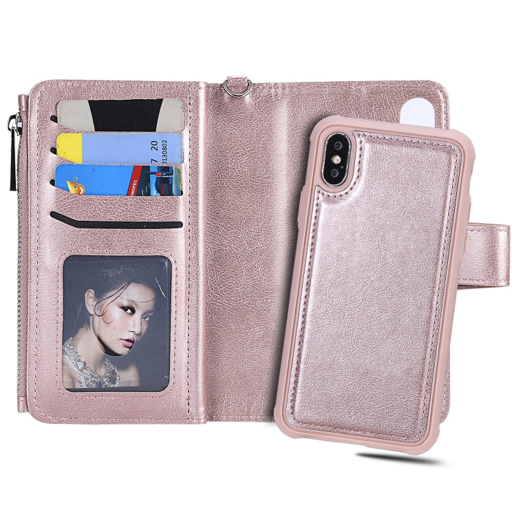 For iPhone X / XS 2 in 1 Solid Color Zipper Shockproof Protective Case with Card Slots & Bracket & Photo Holder & Wallet Function(Rose Gold) - More iPhone Cases by buy2fix | Online Shopping UK | buy2fix