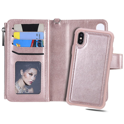 For iPhone X / XS 2 in 1 Solid Color Zipper Shockproof Protective Case with Card Slots & Bracket & Photo Holder & Wallet Function(Rose Gold) - More iPhone Cases by buy2fix | Online Shopping UK | buy2fix