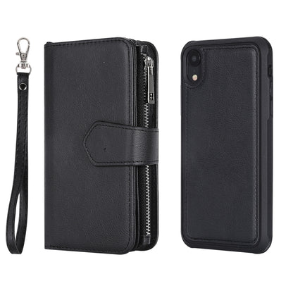 For iPhone XR 2 in 1 Solid Color Zipper Shockproof Protective Case with Card Slots & Bracket & Photo Holder & Wallet Function(Black) - More iPhone Cases by buy2fix | Online Shopping UK | buy2fix
