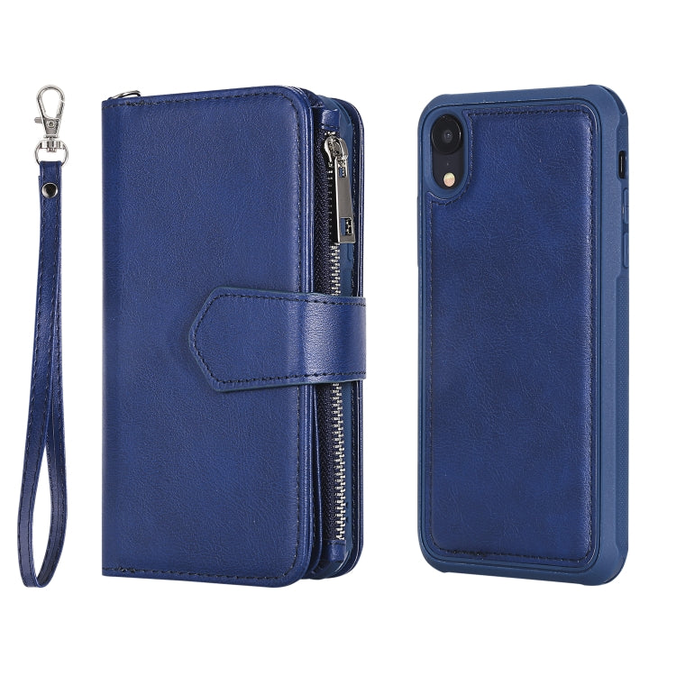 For iPhone XR 2 in 1 Solid Color Zipper Shockproof Protective Case with Card Slots & Bracket & Photo Holder & Wallet Function(Blue) - More iPhone Cases by buy2fix | Online Shopping UK | buy2fix