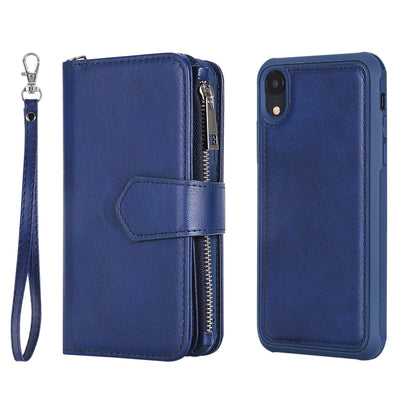 For iPhone XR 2 in 1 Solid Color Zipper Shockproof Protective Case with Card Slots & Bracket & Photo Holder & Wallet Function(Blue) - More iPhone Cases by buy2fix | Online Shopping UK | buy2fix