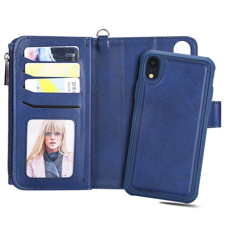 For iPhone XR 2 in 1 Solid Color Zipper Shockproof Protective Case with Card Slots & Bracket & Photo Holder & Wallet Function(Blue) - More iPhone Cases by buy2fix | Online Shopping UK | buy2fix
