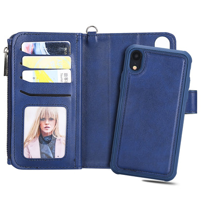For iPhone XR 2 in 1 Solid Color Zipper Shockproof Protective Case with Card Slots & Bracket & Photo Holder & Wallet Function(Blue) - More iPhone Cases by buy2fix | Online Shopping UK | buy2fix