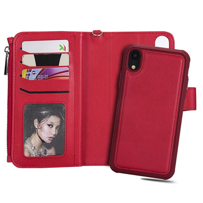 For iPhone XR 2 in 1 Solid Color Zipper Shockproof Protective Case with Card Slots & Bracket & Photo Holder & Wallet Function(Red) - More iPhone Cases by buy2fix | Online Shopping UK | buy2fix