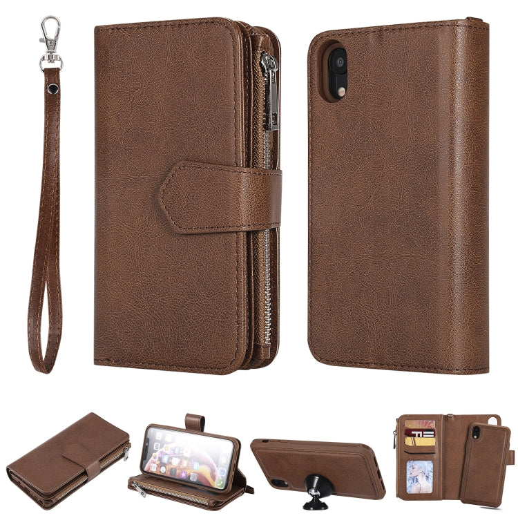 For iPhone XR 2 in 1 Solid Color Zipper Shockproof Protective Case with Card Slots & Bracket & Photo Holder & Wallet Function(Brown) - More iPhone Cases by buy2fix | Online Shopping UK | buy2fix