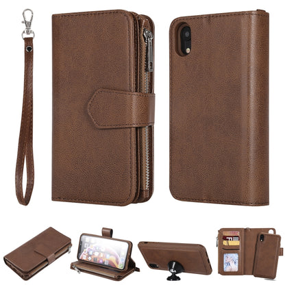 For iPhone XR 2 in 1 Solid Color Zipper Shockproof Protective Case with Card Slots & Bracket & Photo Holder & Wallet Function(Brown) - More iPhone Cases by buy2fix | Online Shopping UK | buy2fix