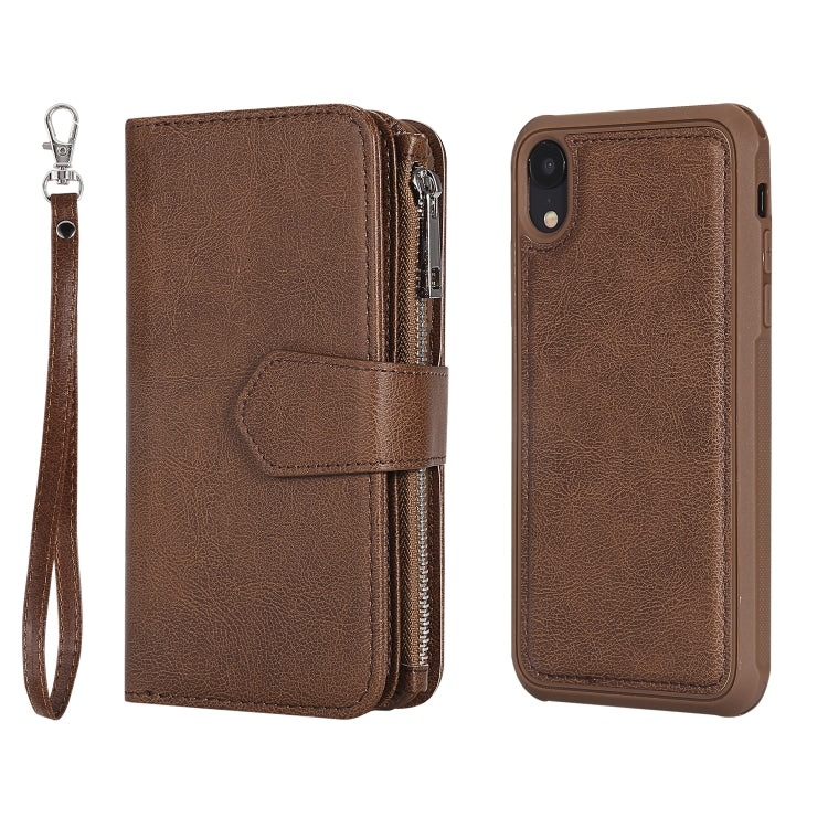 For iPhone XR 2 in 1 Solid Color Zipper Shockproof Protective Case with Card Slots & Bracket & Photo Holder & Wallet Function(Brown) - More iPhone Cases by buy2fix | Online Shopping UK | buy2fix
