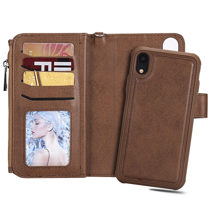 For iPhone XR 2 in 1 Solid Color Zipper Shockproof Protective Case with Card Slots & Bracket & Photo Holder & Wallet Function(Brown) - More iPhone Cases by buy2fix | Online Shopping UK | buy2fix
