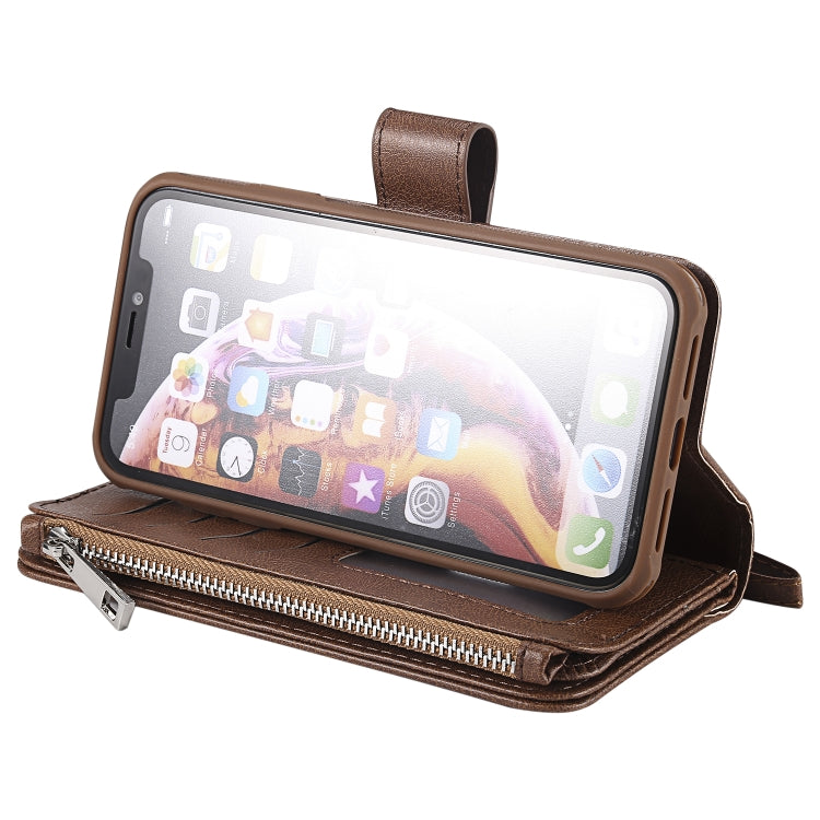 For iPhone XR 2 in 1 Solid Color Zipper Shockproof Protective Case with Card Slots & Bracket & Photo Holder & Wallet Function(Brown) - More iPhone Cases by buy2fix | Online Shopping UK | buy2fix