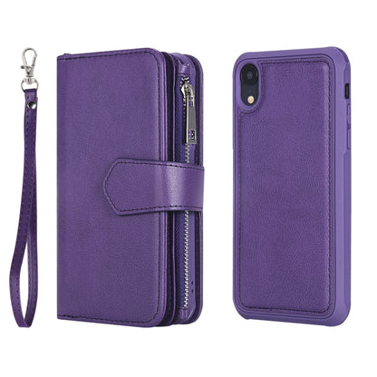 For iPhone XR 2 in 1 Solid Color Zipper Shockproof Protective Case with Card Slots & Bracket & Photo Holder & Wallet Function(Purple) - More iPhone Cases by buy2fix | Online Shopping UK | buy2fix