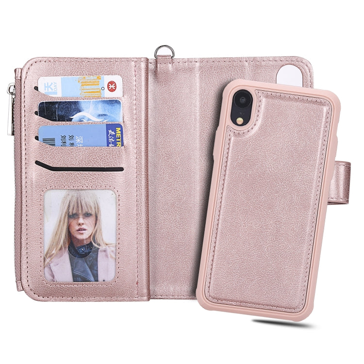 For iPhone XR 2 in 1 Solid Color Zipper Shockproof Protective Case with Card Slots & Bracket & Photo Holder & Wallet Function(Rose Gold) - More iPhone Cases by buy2fix | Online Shopping UK | buy2fix