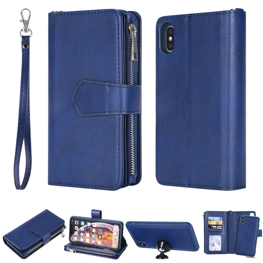 For iPhone XS Max 2 in 1 Solid Color Zipper Shockproof Protective Case with Card Slots & Bracket & Photo Holder & Wallet Function(Blue) - More iPhone Cases by buy2fix | Online Shopping UK | buy2fix